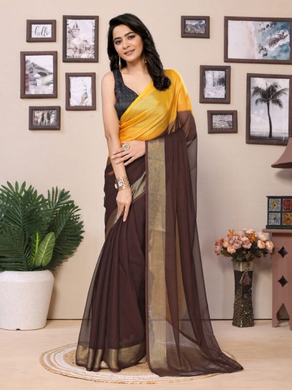 Fancy Ready to wear multi plain chiffon saree with woven stripe work