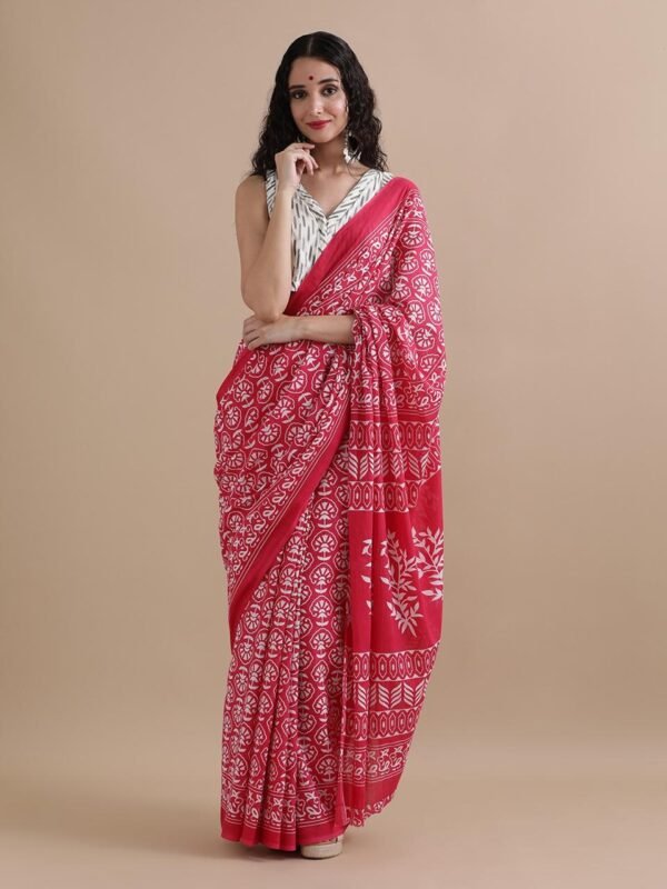 White colour pure mulmul cotton saree with bagru hand block printed work - Image 6