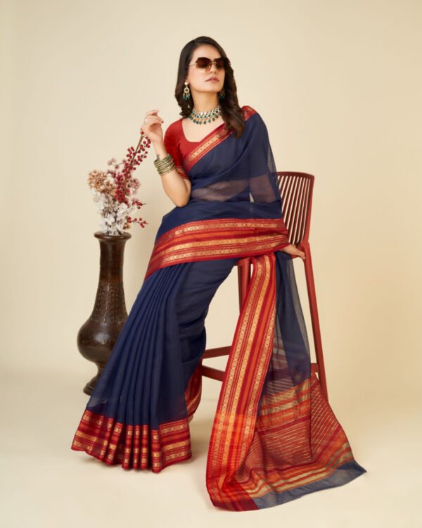 Red color doriya cotton saree with woven design - Image 4