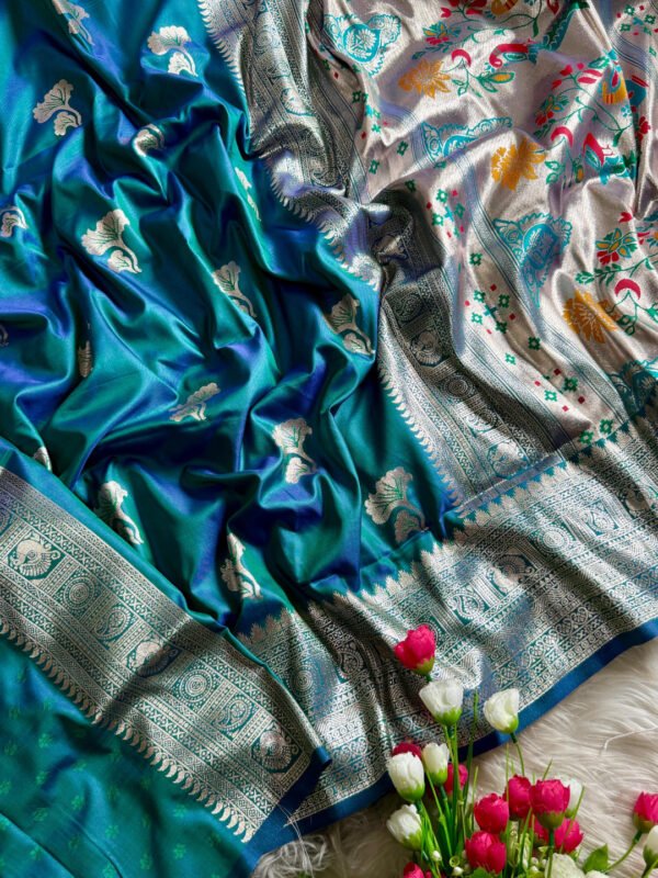 Rama green traditional paithani silk saree with zari weaving work - Image 3