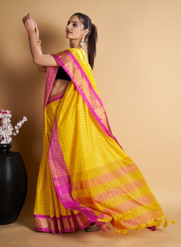 Yellow color soft cotton saree with zari weaving work - Image 2