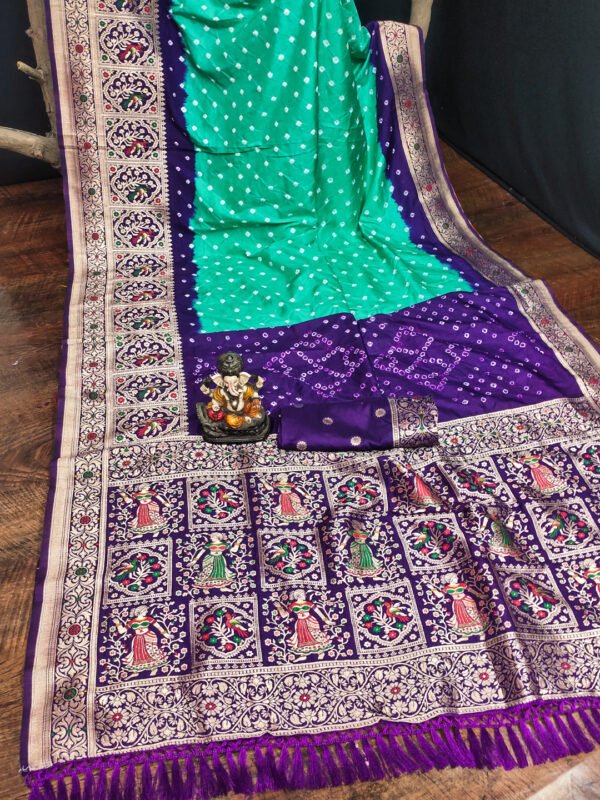 Pink and purple color bandhej silk saree with meenakari weaving work - Image 3
