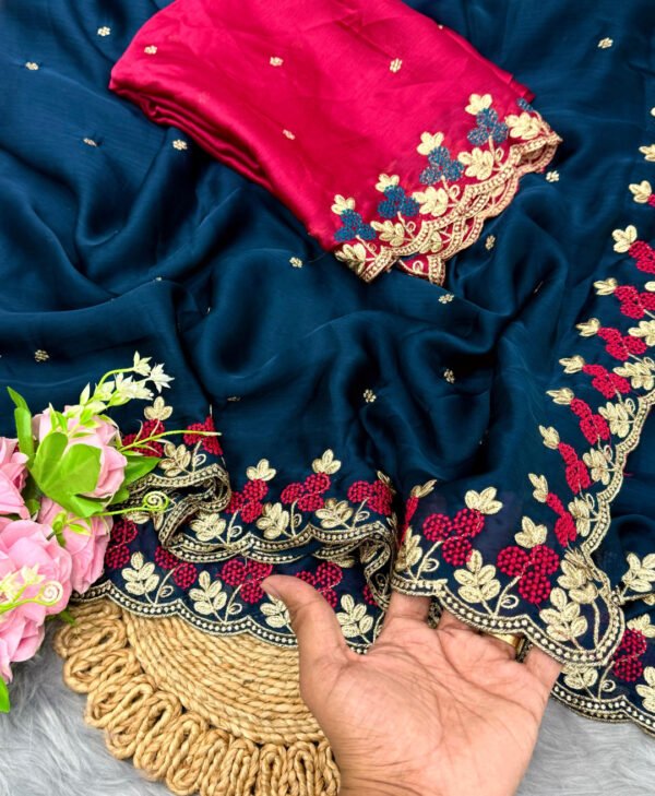 Firoji fancy satin chiffon saree with embroidery work - Image 10