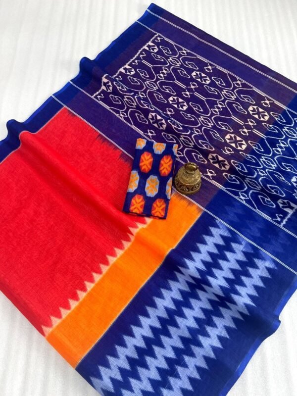 Off white linen cotton saree with batik printed work - Image 8