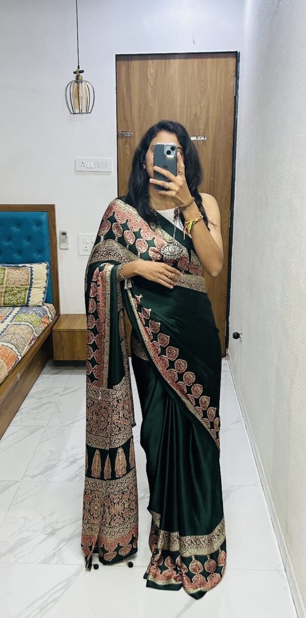 Wine fancy ajrakh printed crepe silk saree - Image 10