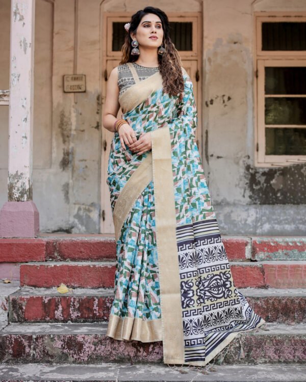 Multi digital printed tussar silk saree with zari motif border - Image 6