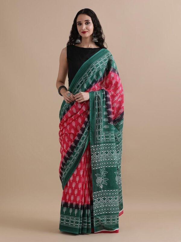 Sky blue colour pure mulmul cotton saree with bagru hand block printed work - Image 7