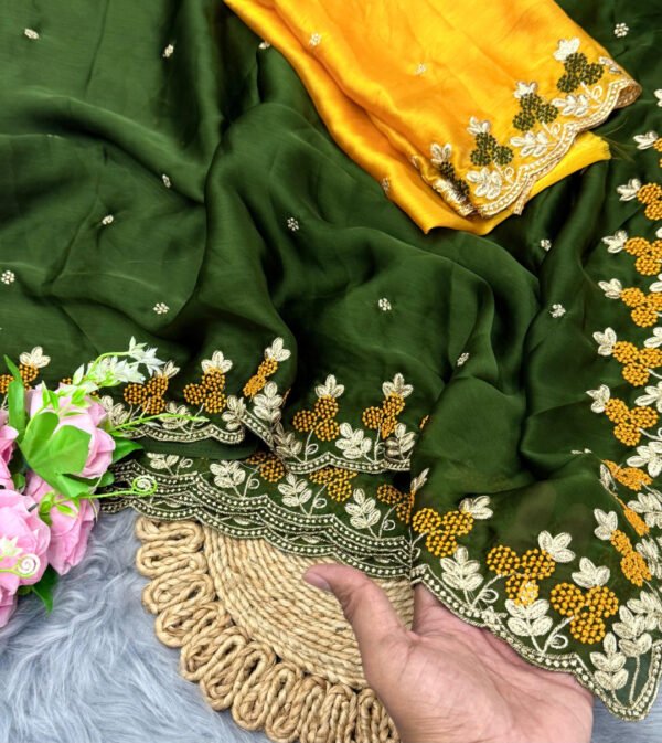 Firoji fancy satin chiffon saree with embroidery work - Image 8