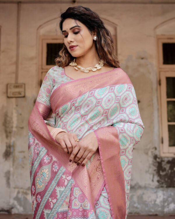 Multi digital printed banarasi silk saree with gold zari border - Image 3