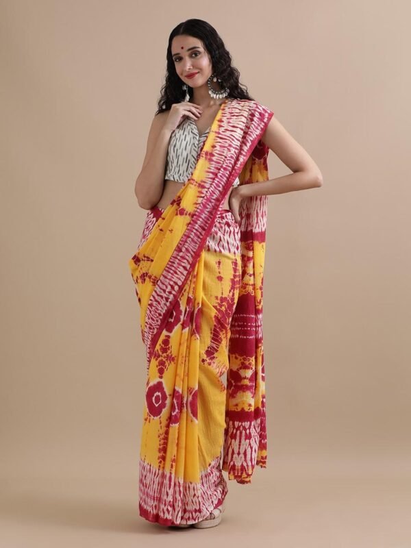White colour pure mulmul cotton saree with bagru hand block printed work - Image 4