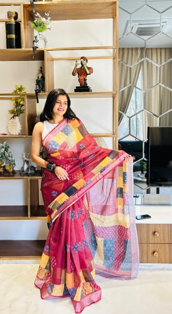 White office wear linen cotton saree with digital printed work - Image 5