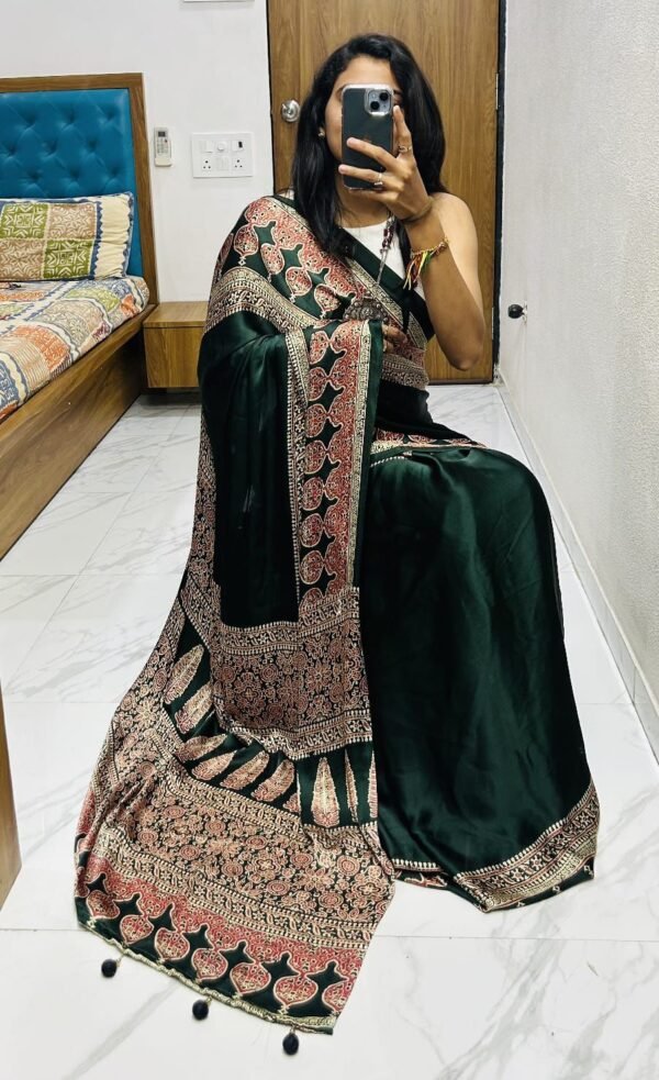 Wine fancy ajrakh printed crepe silk saree - Image 9