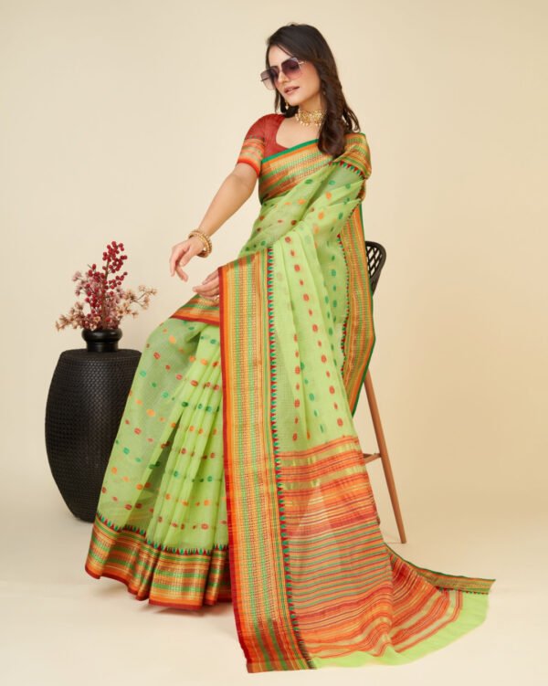 Peach color kota doriya saree with zari weaving work - Image 10