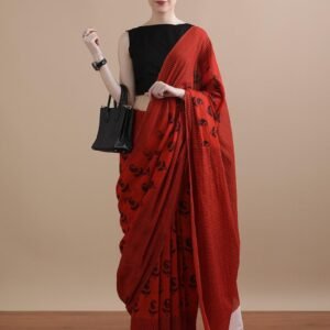 Maroon pure mulmul cotton saree with bagru hand block printed work