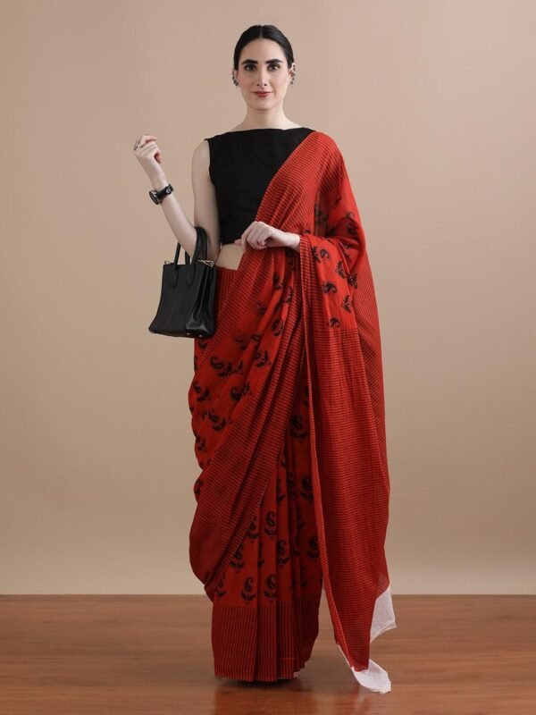 Maroon pure mulmul cotton saree with bagru hand block printed work
