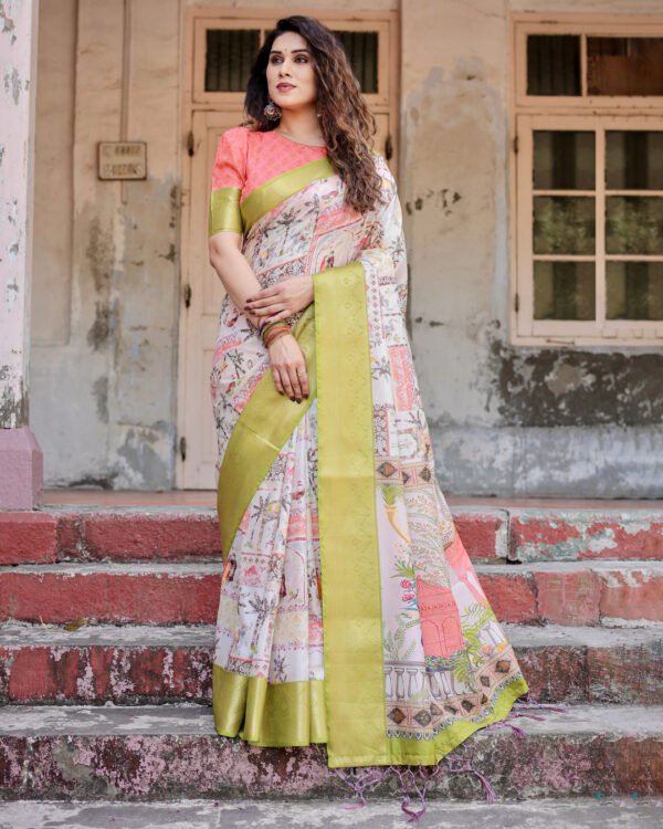 Multi digital printed tussar silk saree with zari motif border - Image 9