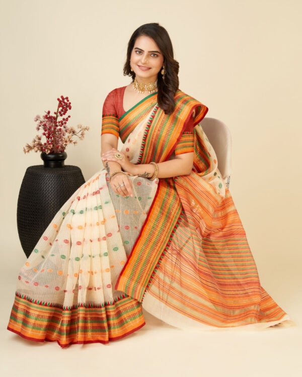 Peach color kota doriya saree with zari weaving work - Image 9