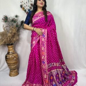 Rani pink pure dupion silk hand bandhej bandhani saree