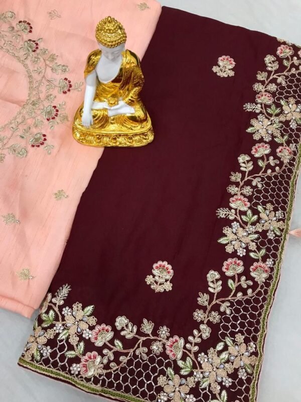 Maroon crepe silk saree with sequence work - Image 2