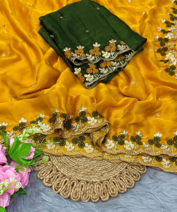 Firoji fancy satin chiffon saree with embroidery work - Image 5