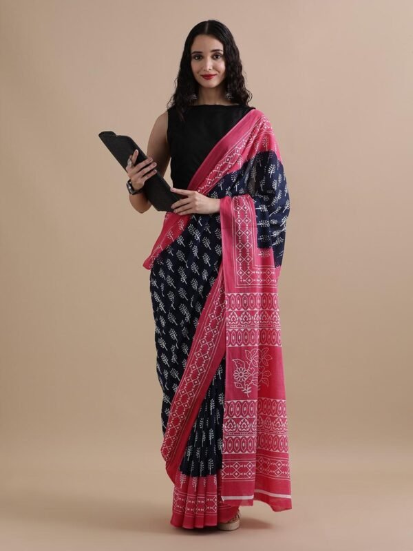 Sky blue colour pure mulmul cotton saree with bagru hand block printed work - Image 5