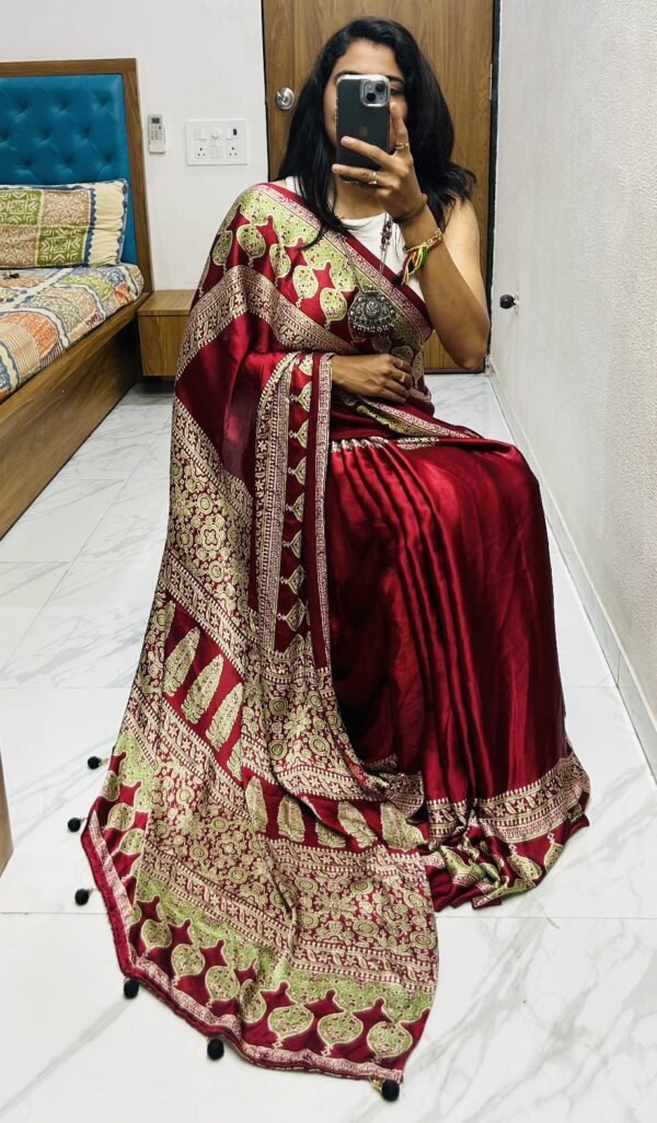 Wine fancy ajrakh printed crepe silk saree - Image 6