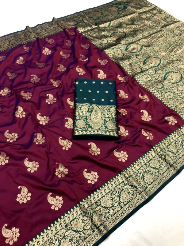 Wine premium banarasi silk saree with zari weaving work - Image 2
