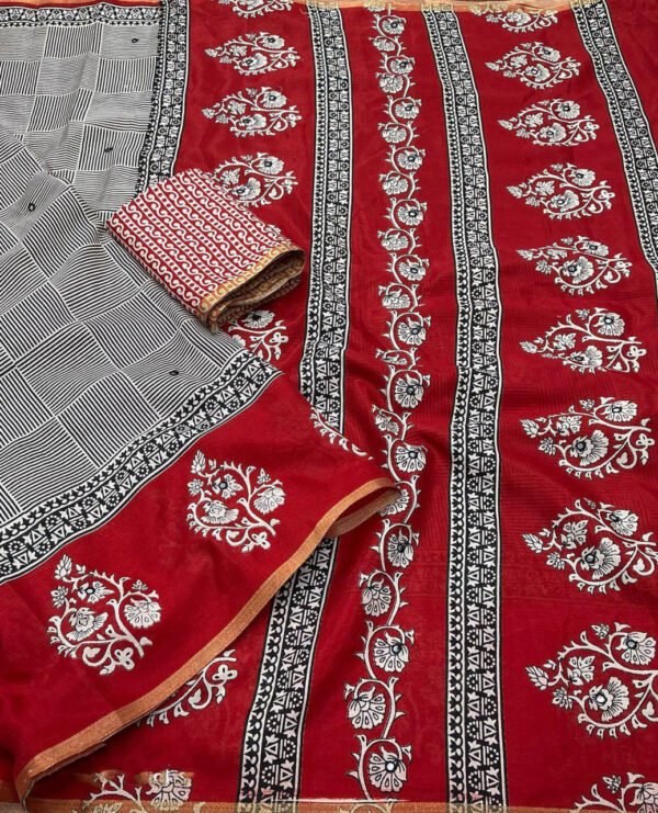 Gray ajrakh printed soft cotton saree - Image 6