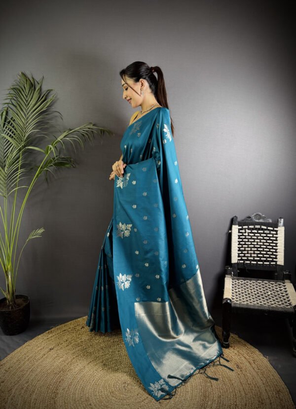 Firoji colour soft lichi silk saree with golden zari weaving work - Image 2