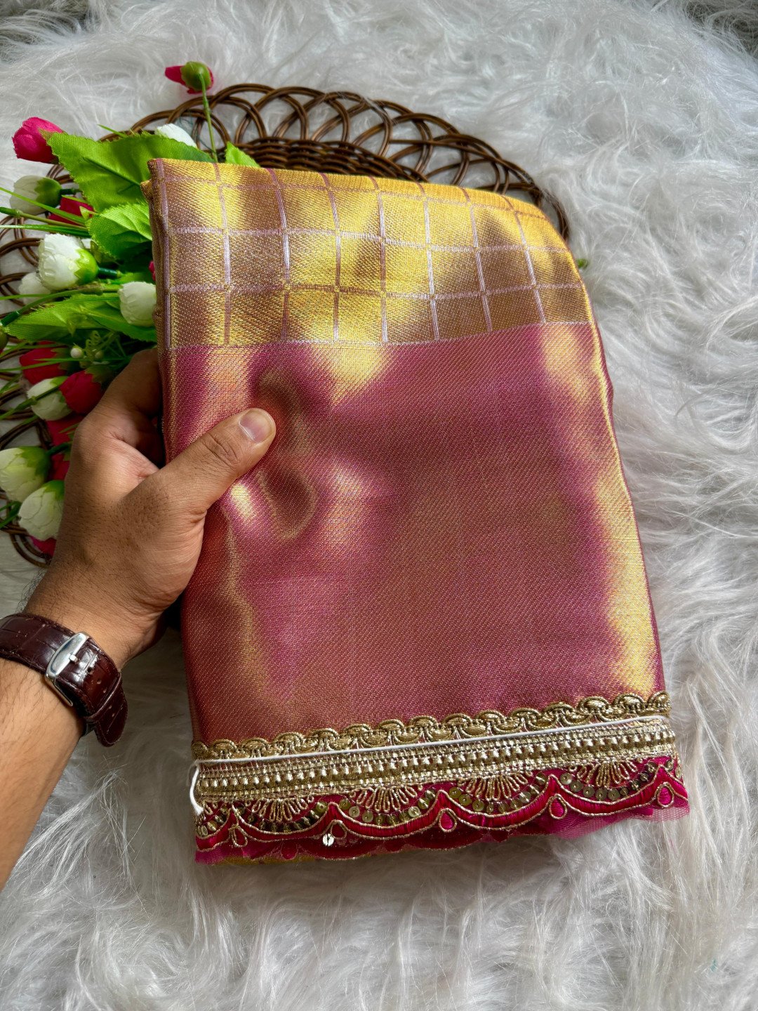 Premium banarasi tissue silk gold saree with zari weaving work