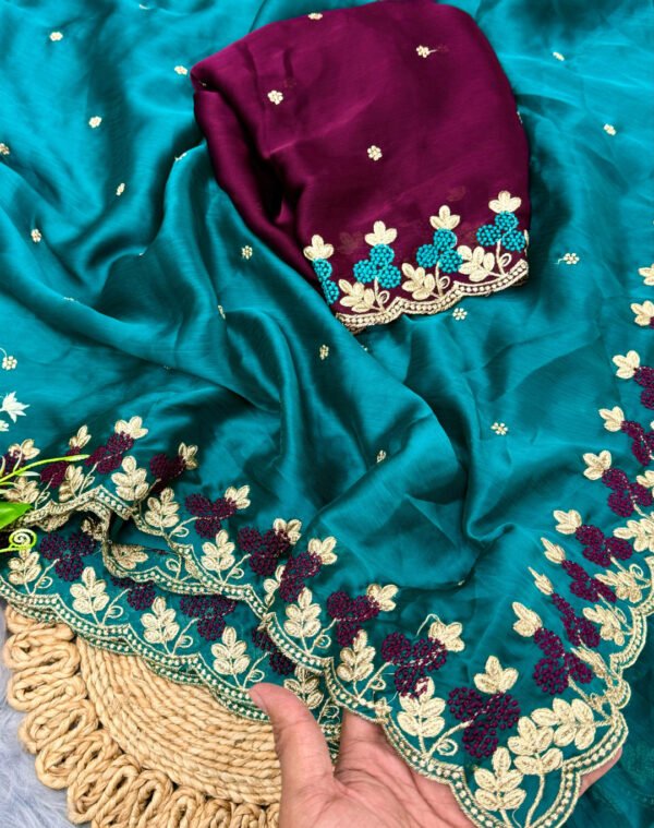 Firoji fancy satin chiffon saree with embroidery work - Image 2