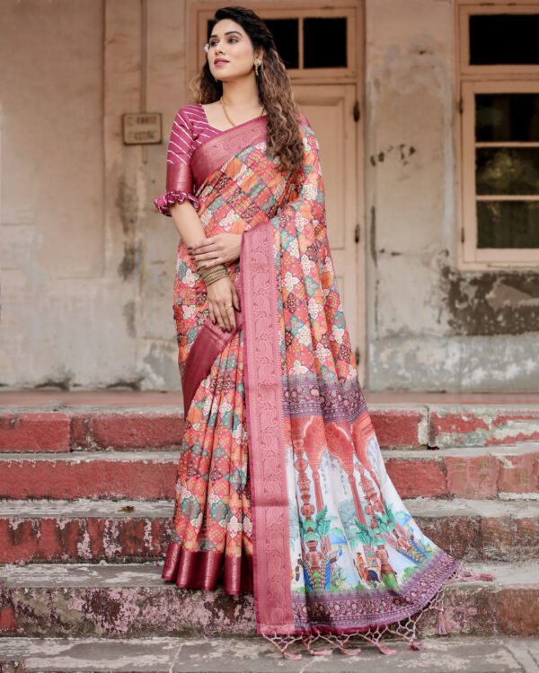Multi digital printed tussar silk saree with zari motif border - Image 6