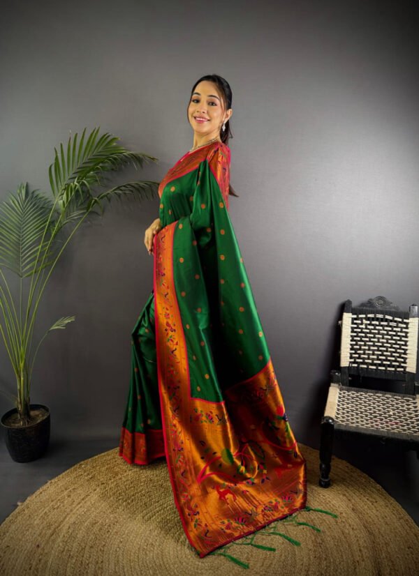 Dark green color paithani silk saree with zari weaving work - Image 2