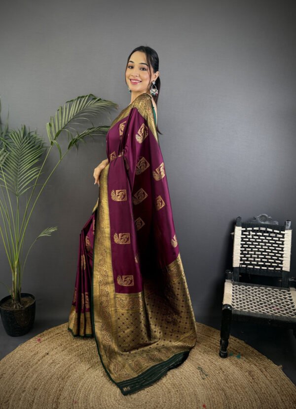 Purple premium banarasi silk saree with golden zari work - Image 10