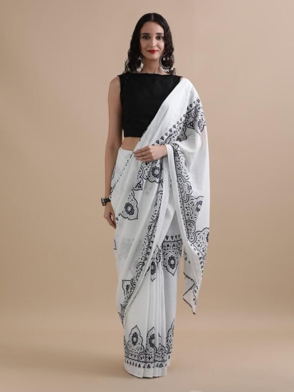 Pink colour pure mulmul cotton saree with bagru hand block printed work - Image 8