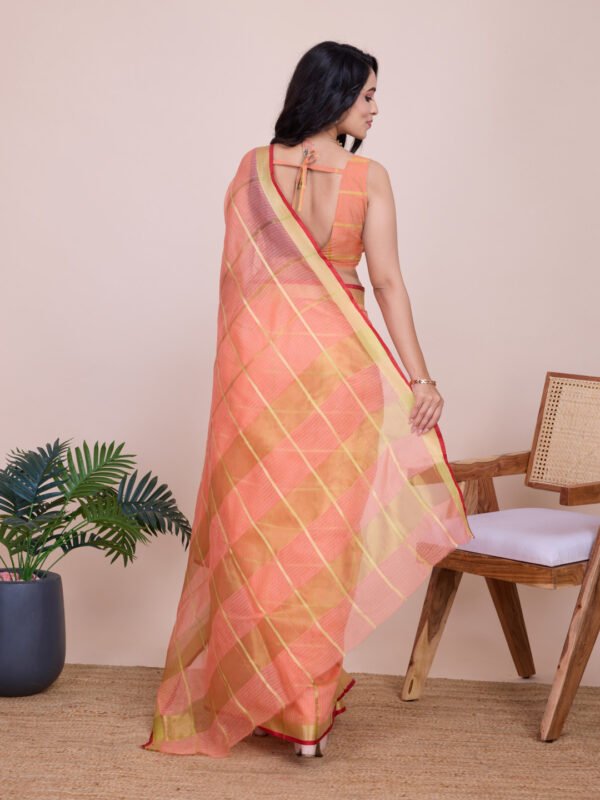 Peach kota doriya saree with zari weaving work - Image 5