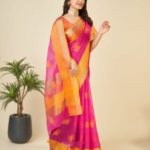 Pink color kota doriya saree with zari weaving work
