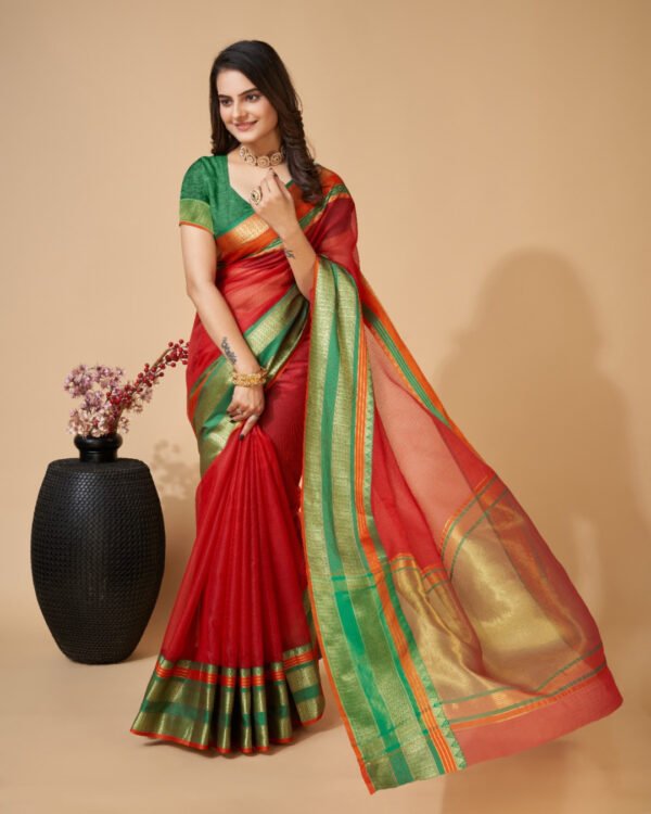 Red color kota doriya saree with zari weaving work - Image 2