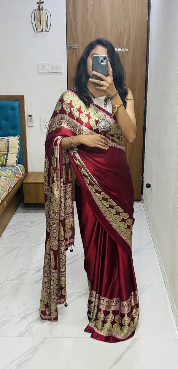 Wine fancy ajrakh printed crepe silk saree - Image 7
