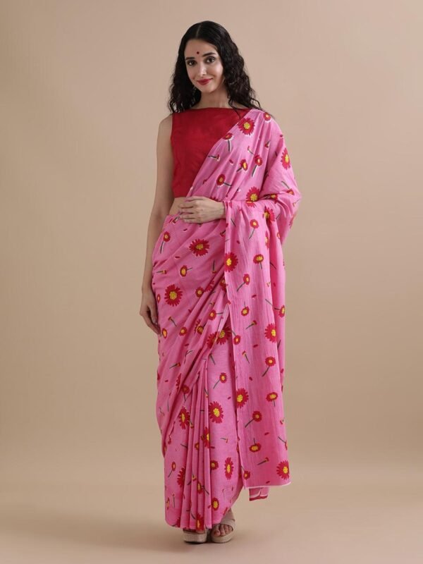 White colour pure mulmul cotton saree with bagru hand block printed work - Image 7