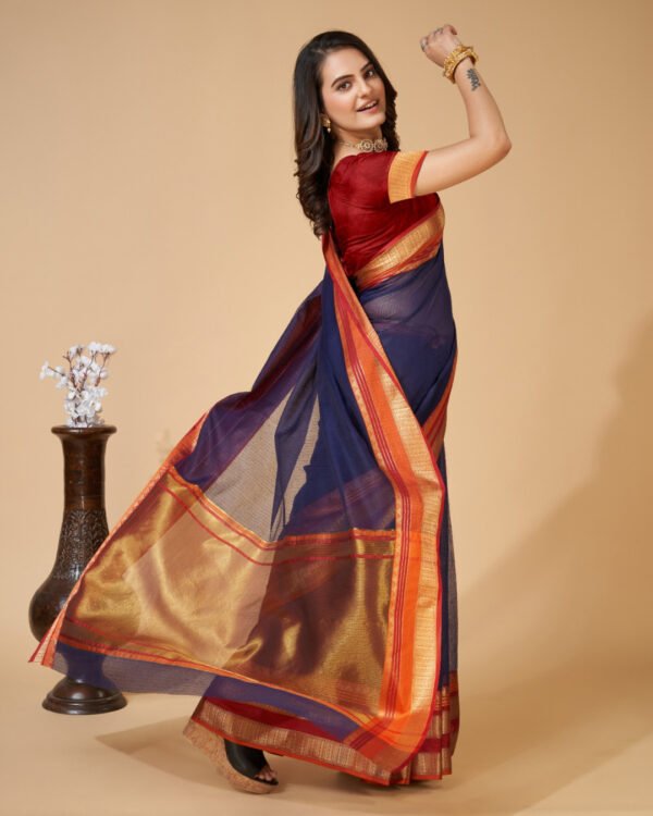 Red color kota doriya saree with zari weaving work - Image 9