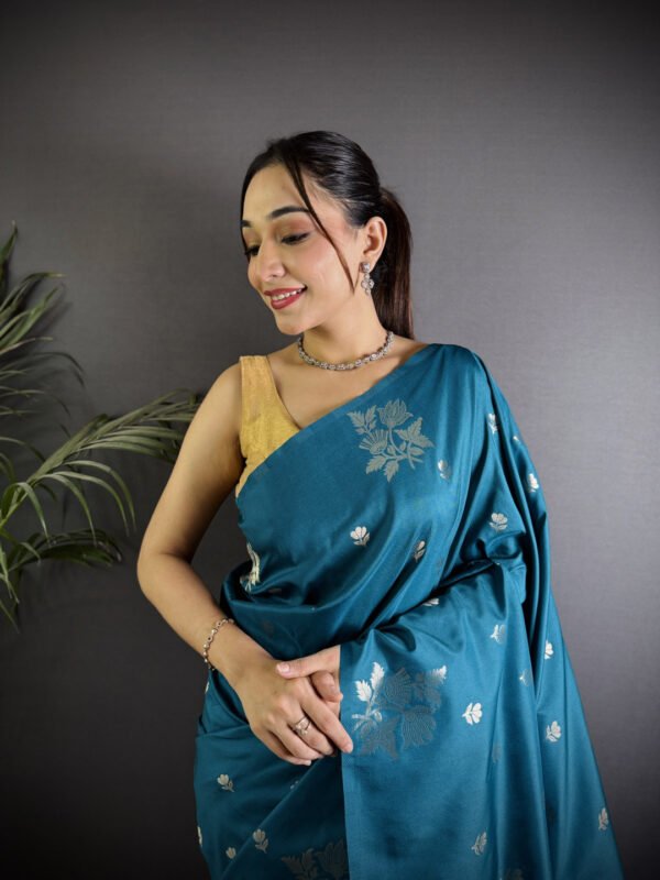 Firoji colour soft lichi silk saree with golden zari weaving work - Image 3
