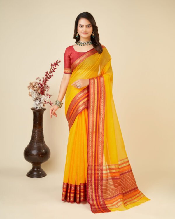 Red color doriya cotton saree with woven design - Image 8