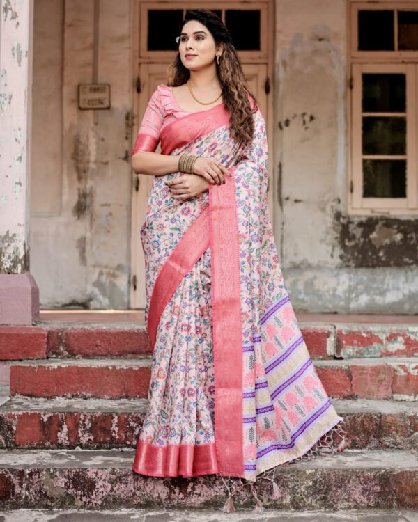 Multi digital printed banarasi silk saree with gold zari border - Image 9