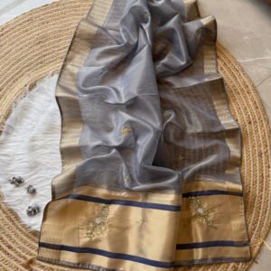 Gray fancy viscose organza silk saree with zari & hand work