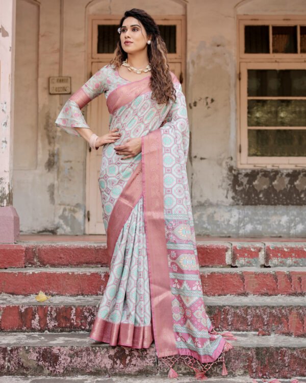 Multi digital printed banarasi silk saree with gold zari border - Image 6