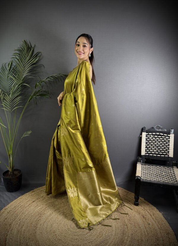 Firoji colour soft lichi silk saree with golden zari weaving work - Image 10