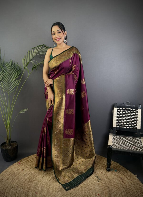 Purple premium banarasi silk saree with golden zari work - Image 9