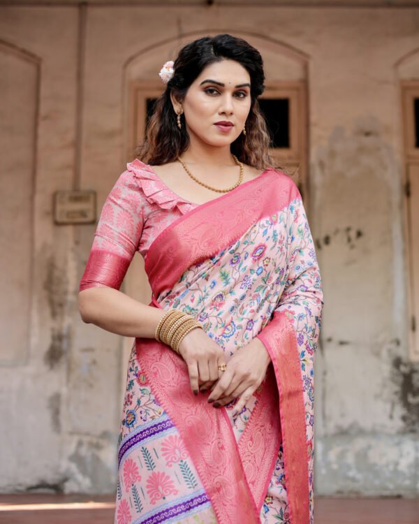 Multi digital printed banarasi silk saree with gold zari border - Image 10