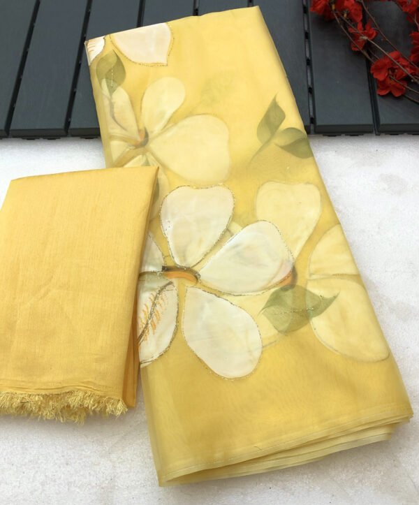 Fancy yellow hand floral brush printed organza saree - Image 2
